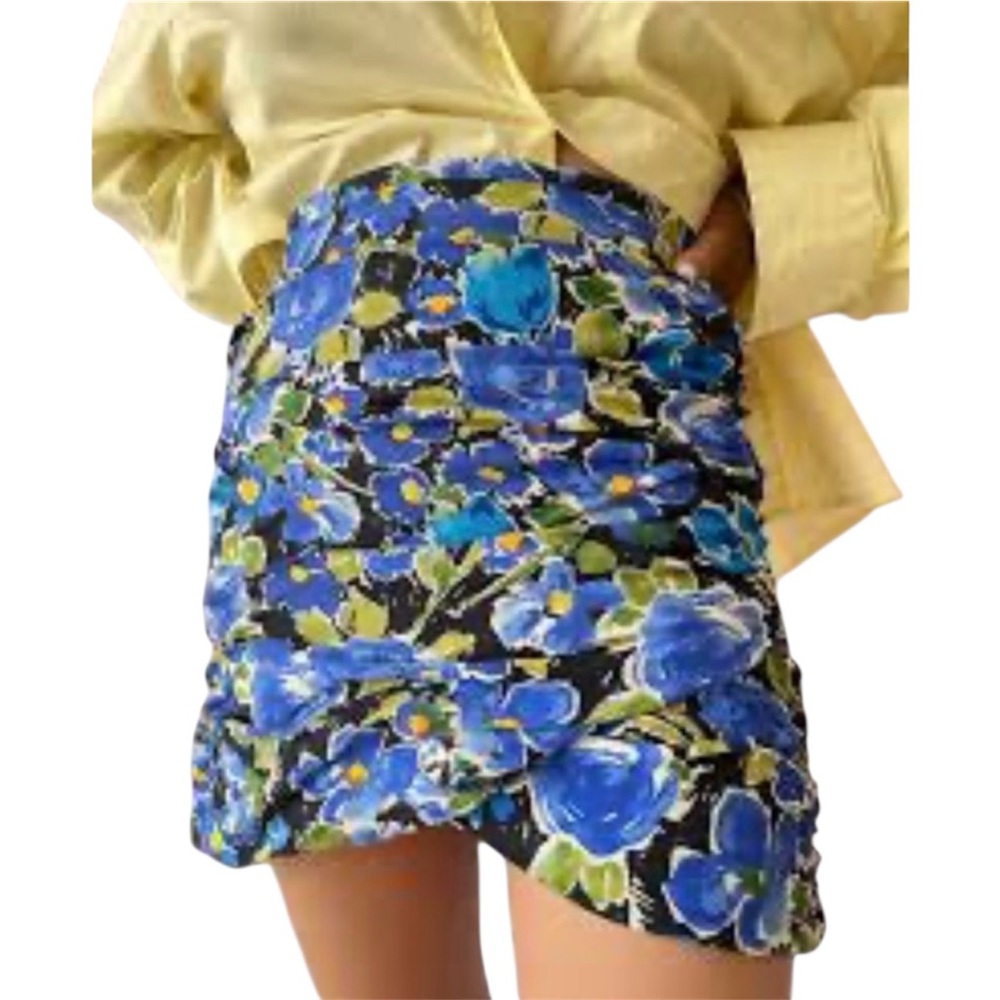 Zara NEW Floral Printed Co-Ord Blue Yellow Yellow Ruched Mini Skirt Size Small
